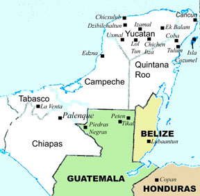 Map of the Yucatan Peninsula showing ruins sites